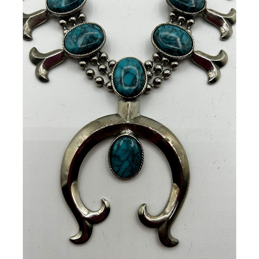 Vintage Goldette Faux Turquoise‎ Squash Blossom Necklace And Earrings Set - Picture 2 of 5